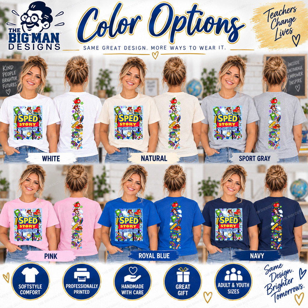 A promotional color-options chart for adult t-shirts from The Big Man Designs, showing the back of the same shirt design in multiple colors: white, natural, sport gray, pink, royal blue, and navy. Women are pictured modeling the shirts in each color panel, with text labels underneath each shirt.
