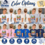 A promotional color-options chart for adult t-shirts from The Big Man Designs, showing the back of the same shirt design in multiple colors: white, natural, sport gray, pink, royal blue, and navy. Women are pictured modeling the shirts in each color panel, with text labels underneath each shirt.