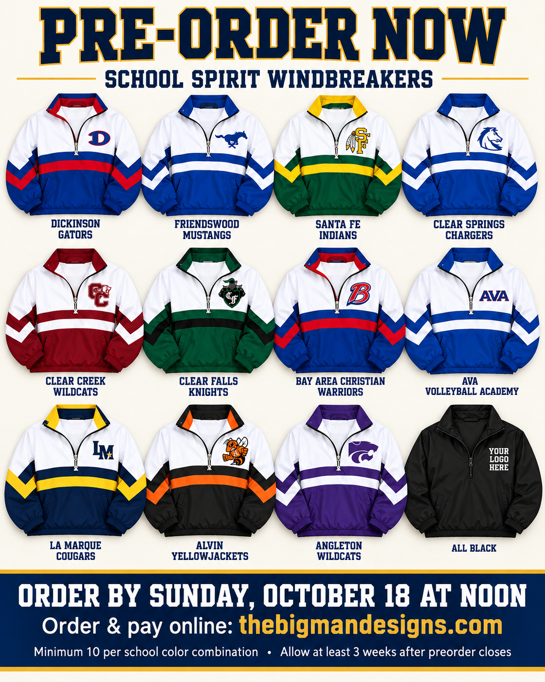 School Spirit Pullover Jacket | Dickinson, Santa Fe, Friendswood, Clear Creek, Clear Springs, Bay Area Christian Academy, Clear Falls, LaMarque, & AVA | S-5XL