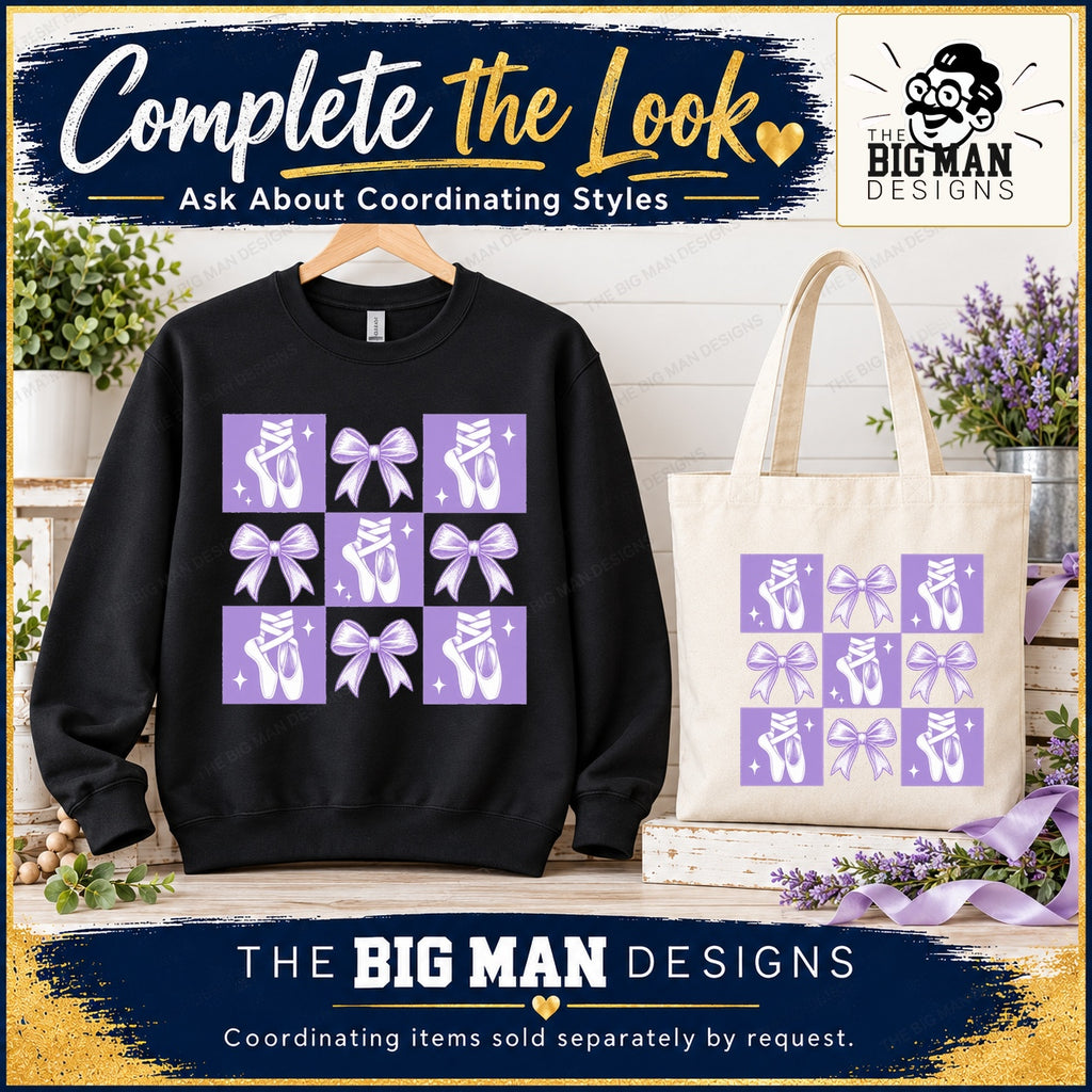 Coordinating ballet bows checkerboard sweatshirt and natural tote mockups, sold separately by request