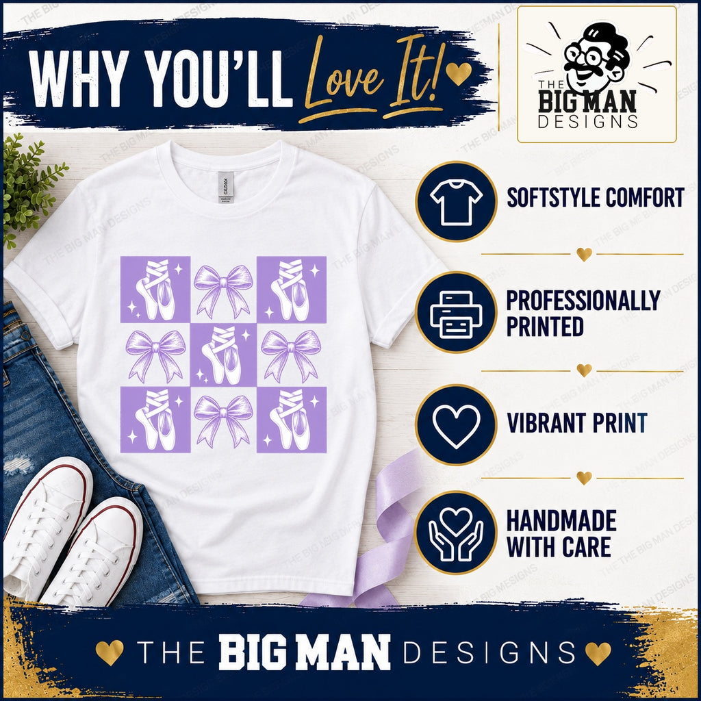 Ballet bows shirt benefits: Softstyle comfort, professionally printed, vibrant print and handmade with care