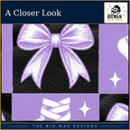 Cropped mockup detail of the lavender bow, ballet shoes and checkerboard print on black fabric