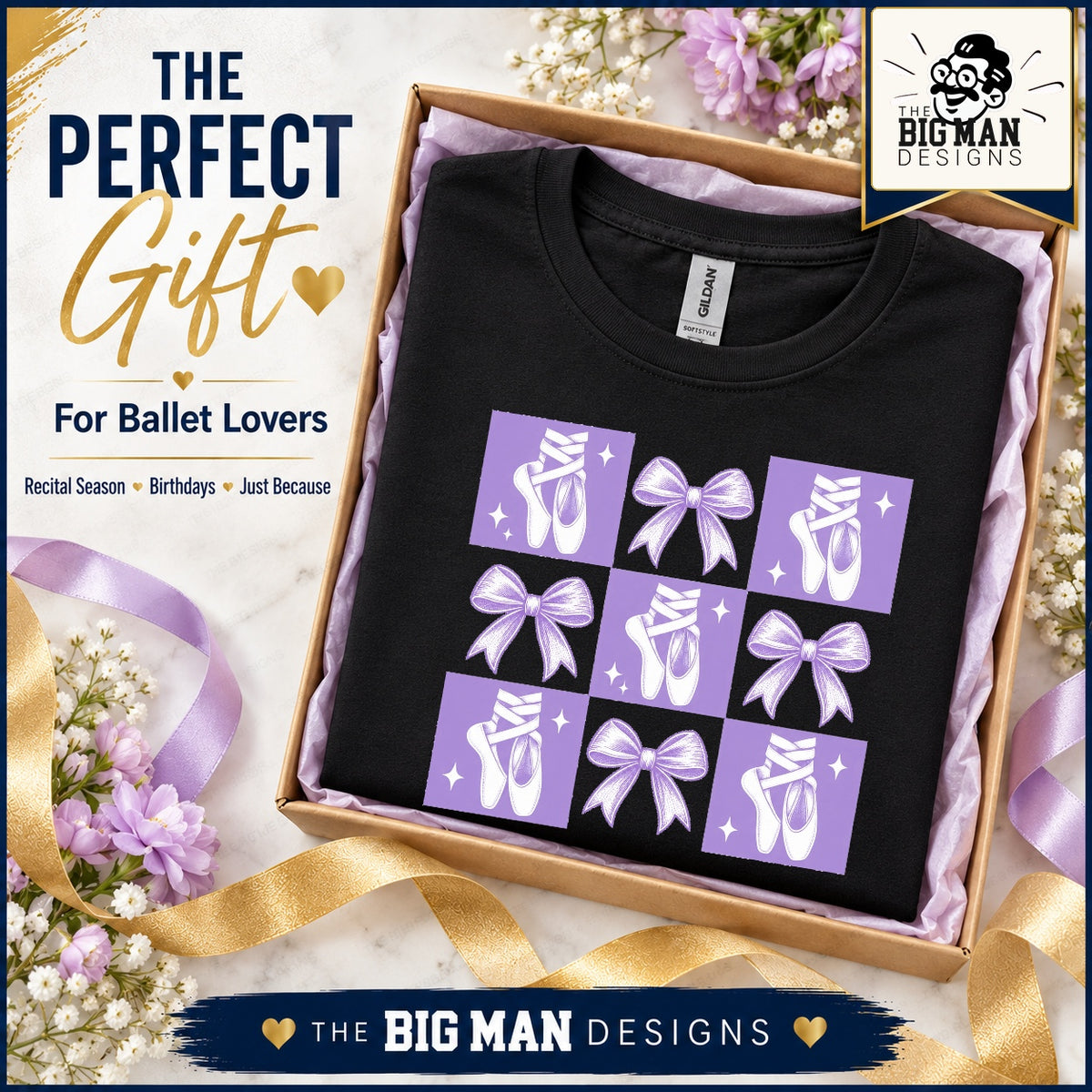 Ballet bows checkerboard shirt styled as a gift for ballet lovers in a lavender-lined gift box