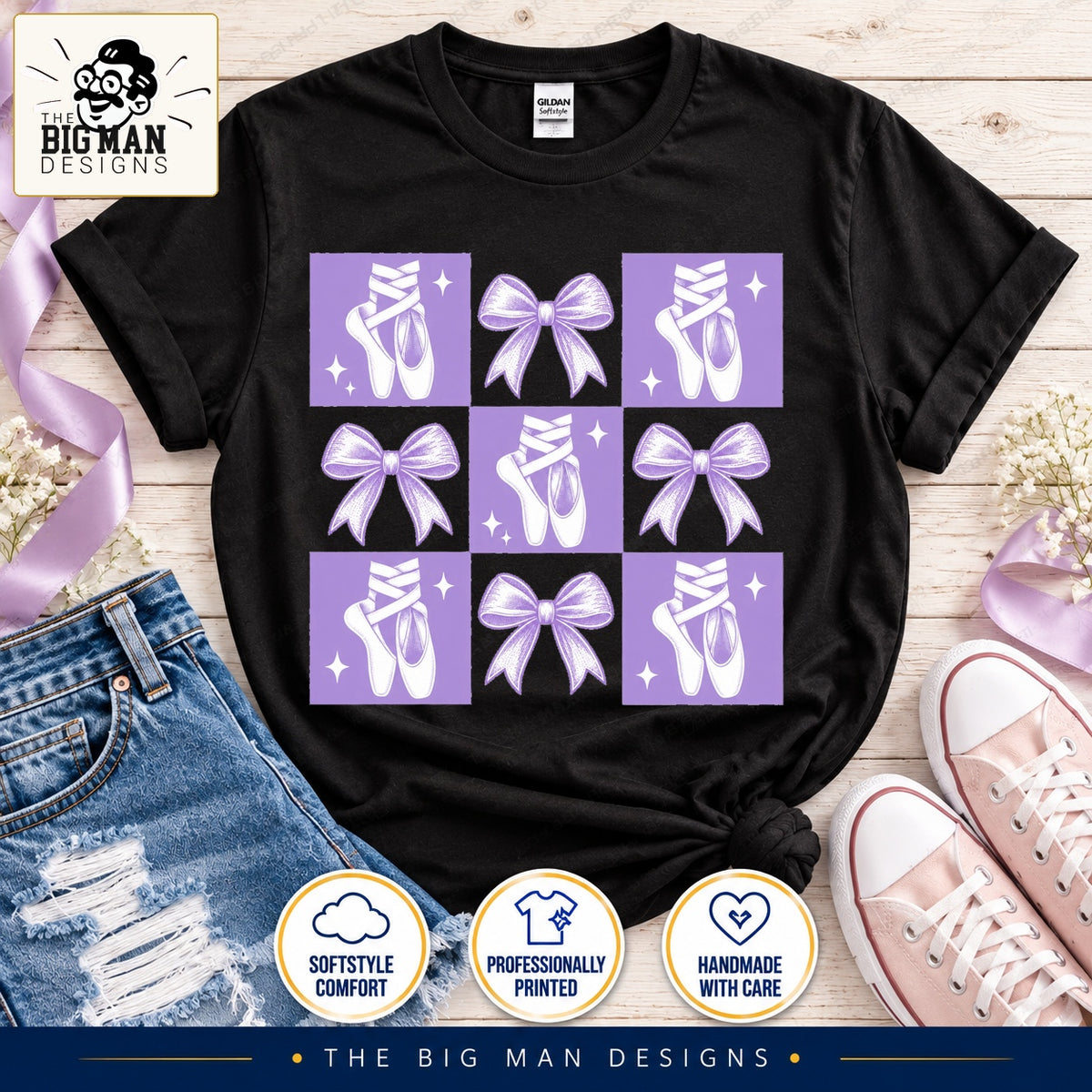 Black ballet bows checkerboard shirt with lavender squares, white ballet shoes and purple bows