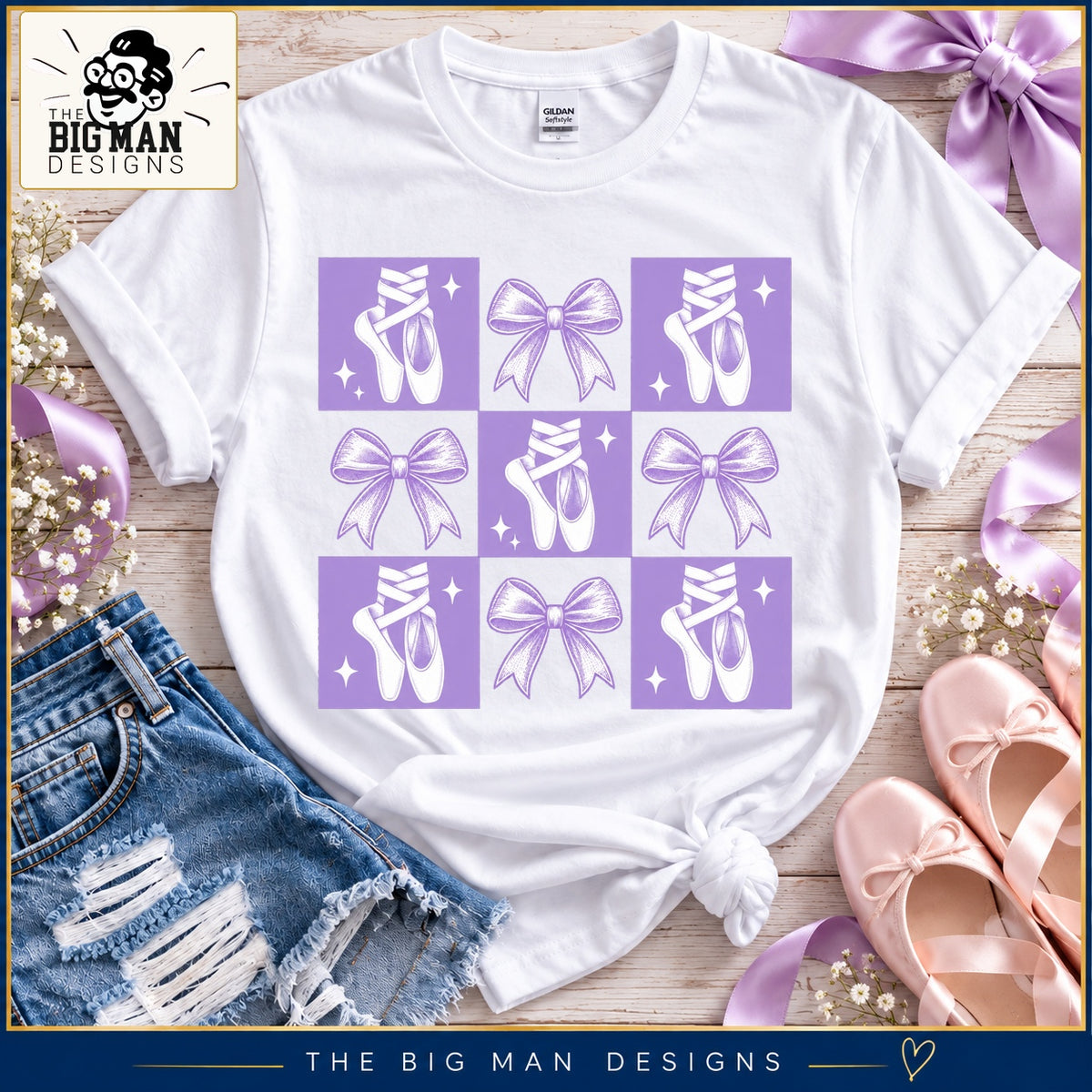 White ballet bows checkerboard tee flat lay with lavender ribbon, ballet slippers and denim