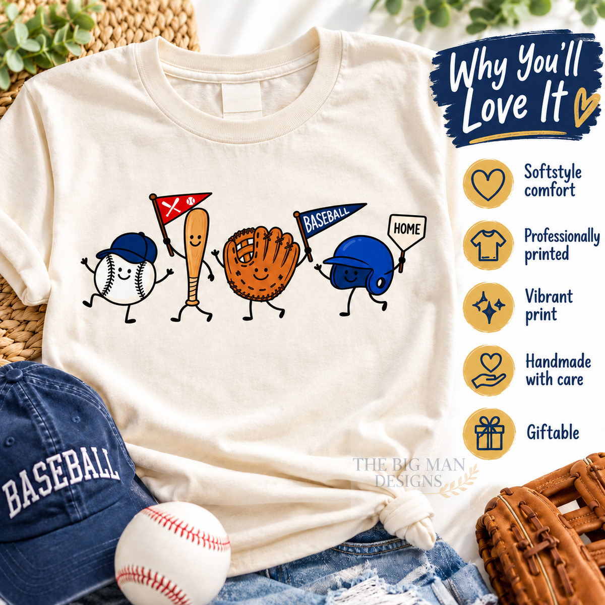 Smiling Baseball Characters: Shirt features and benefits. The Big Man Designs.
