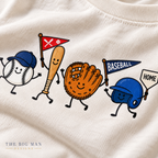 Smiling Baseball Characters: Cropped print quality and fabric detail. The Big Man Designs.