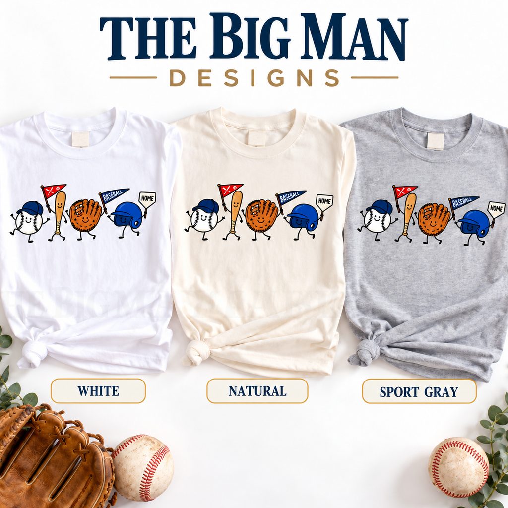 Smiling Baseball Characters: White Natural Sport Gray shirt color options. The Big Man Designs.