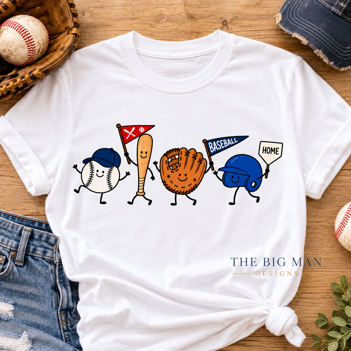 Smiling Baseball Characters: White shirt flat lay. The Big Man Designs.