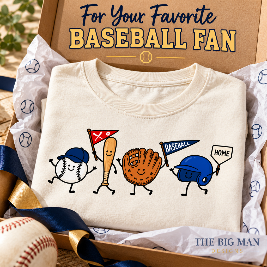 Smiling Baseball Characters: Shirt styled in gift box. The Big Man Designs.
