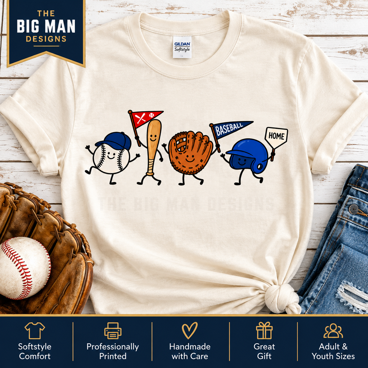 Smiling Baseball Characters: Natural shirt hero. The Big Man Designs.