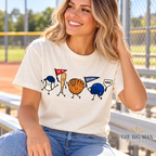 Smiling Baseball Characters: Woman wearing shirt at baseball park. The Big Man Designs.