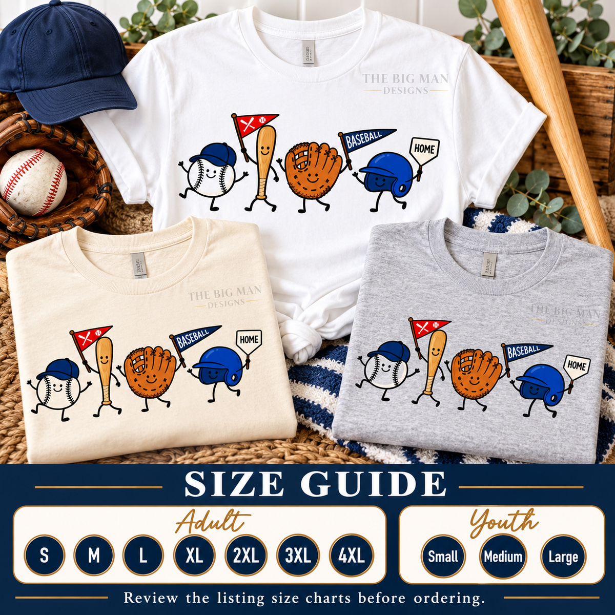 Smiling Baseball Characters: Adult and youth size names guide. The Big Man Designs.