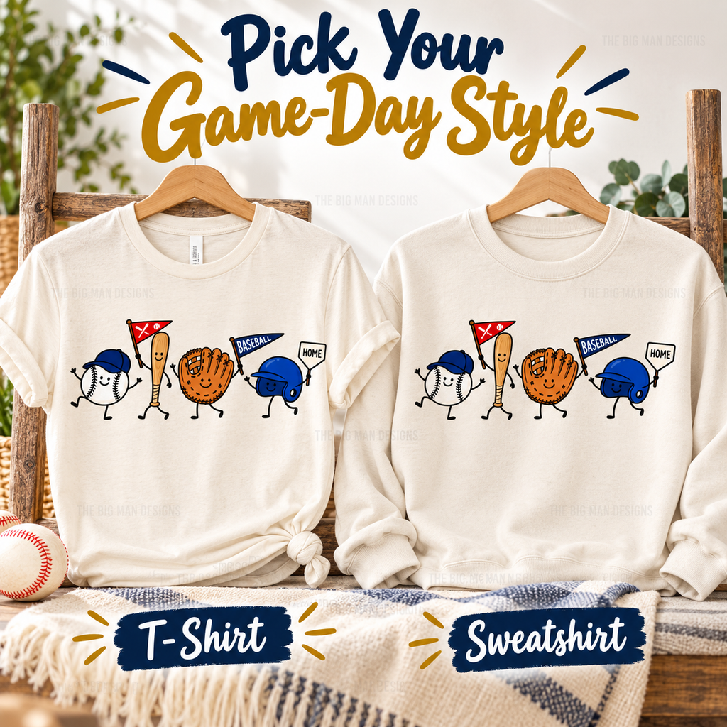 Smiling Baseball Characters: T-shirt and sweatshirt options. The Big Man Designs.