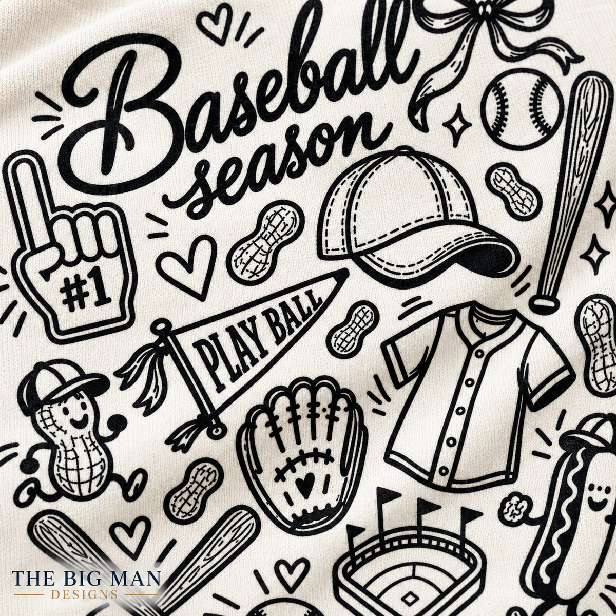 Baseball Season doodle: Cropped print quality and fabric detail. The Big Man Designs.