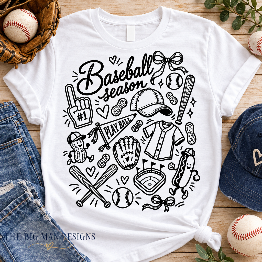 Baseball Season doodle: White shirt flat lay. The Big Man Designs.