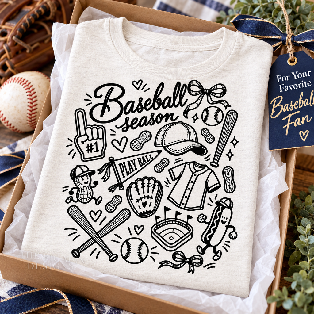 Baseball Season doodle: Shirt styled in gift box. The Big Man Designs.