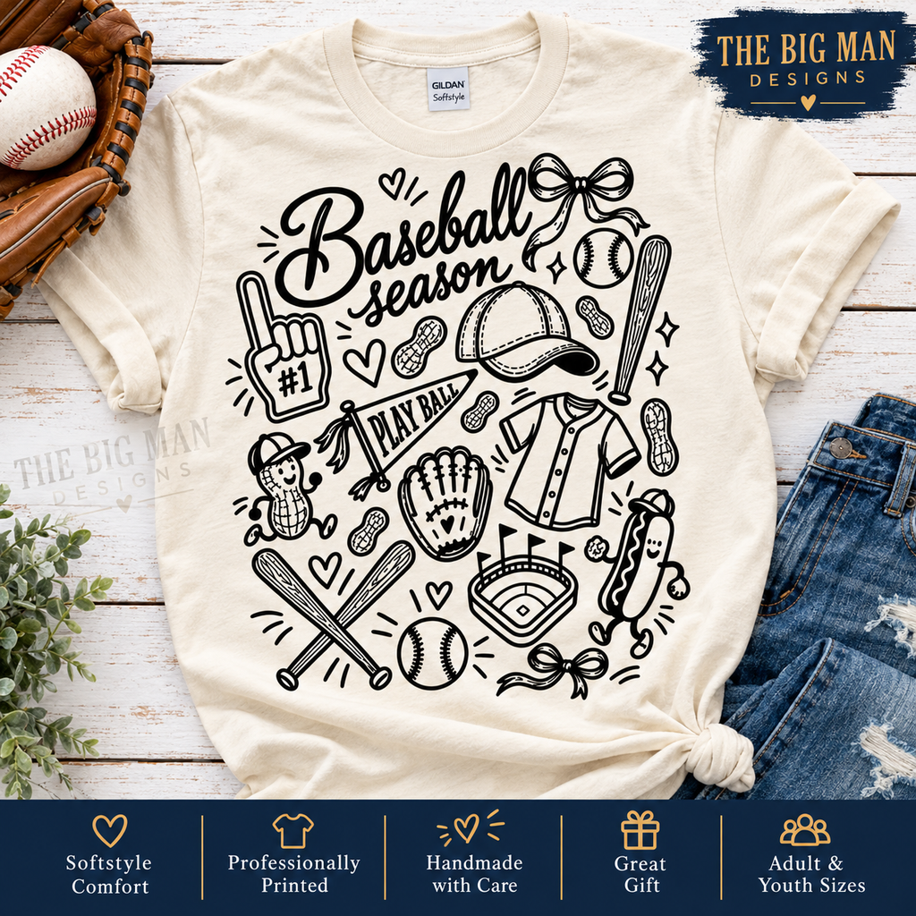 Baseball Season doodle: Natural shirt hero. The Big Man Designs.