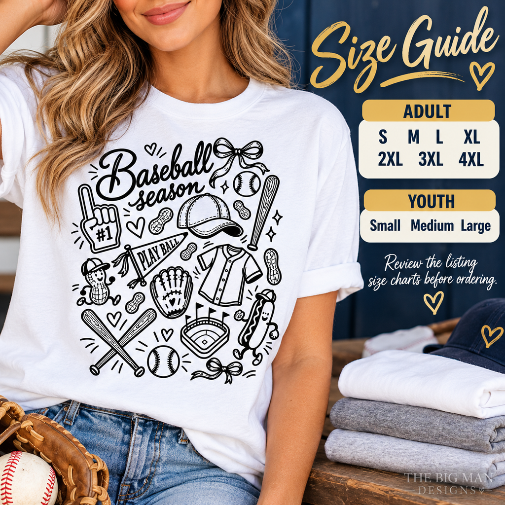 Baseball Season doodle: Adult and youth size names guide. The Big Man Designs.