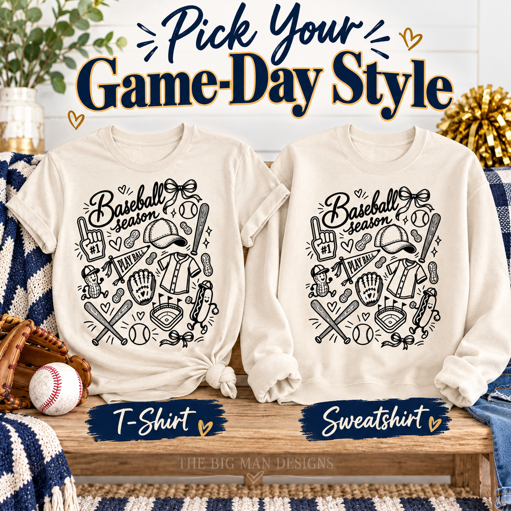 Baseball Season doodle: T-shirt and sweatshirt options. The Big Man Designs.