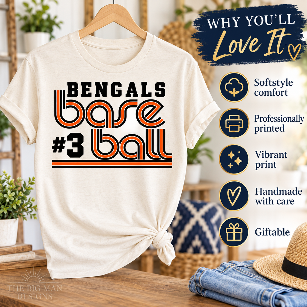 Bengals #3 retro baseball: Shirt features and benefits. The Big Man Designs.