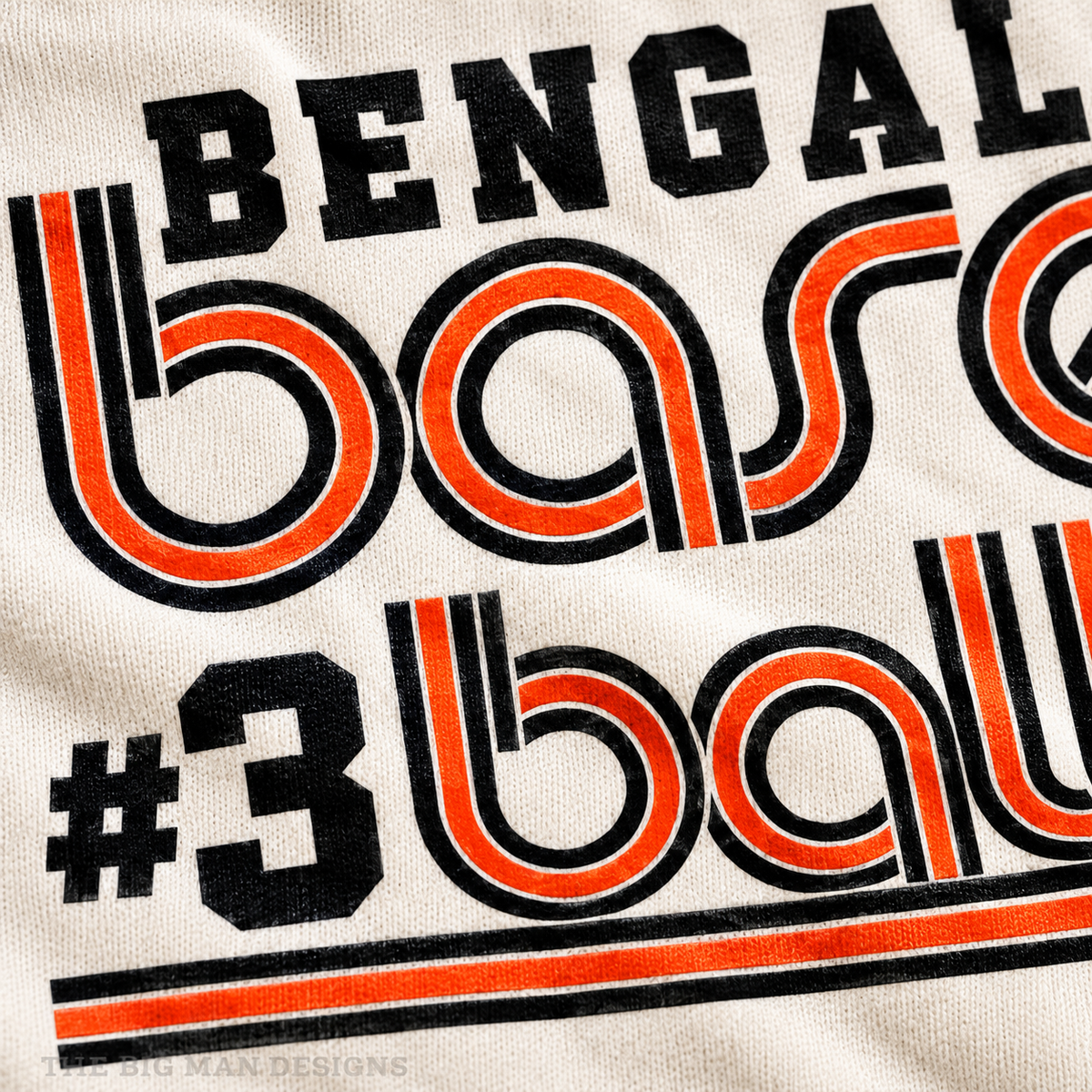 Bengals #3 retro baseball: Cropped print quality and fabric detail. The Big Man Designs.