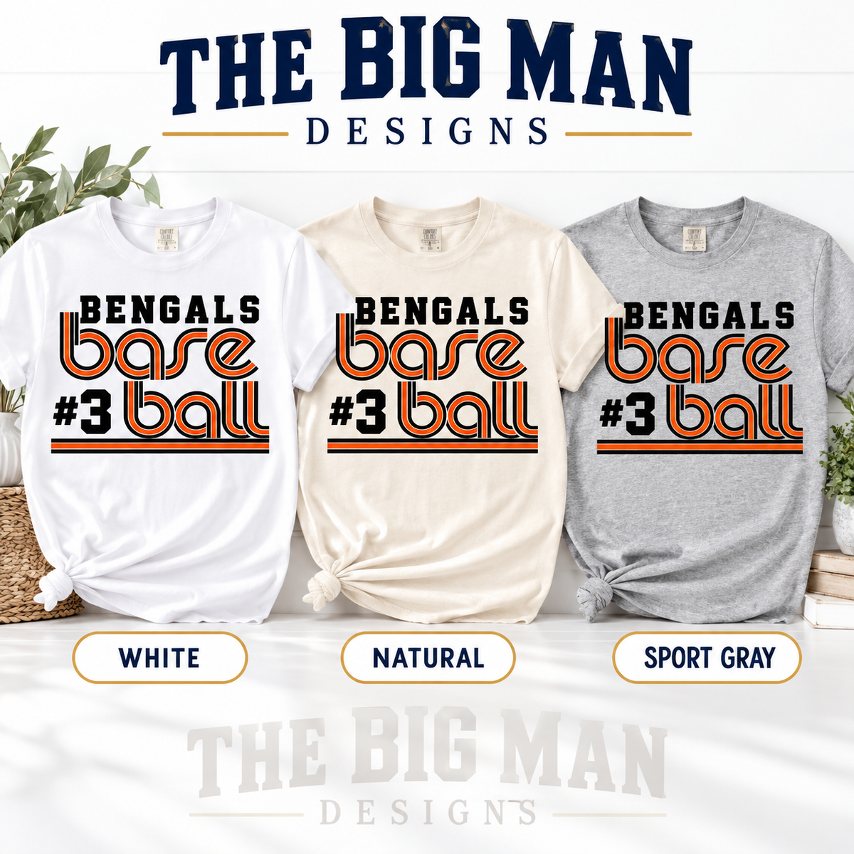 Bengals #3 retro baseball: White Natural Sport Gray shirt color options. The Big Man Designs.