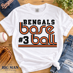 Bengals #3 retro baseball: White shirt flat lay. The Big Man Designs.