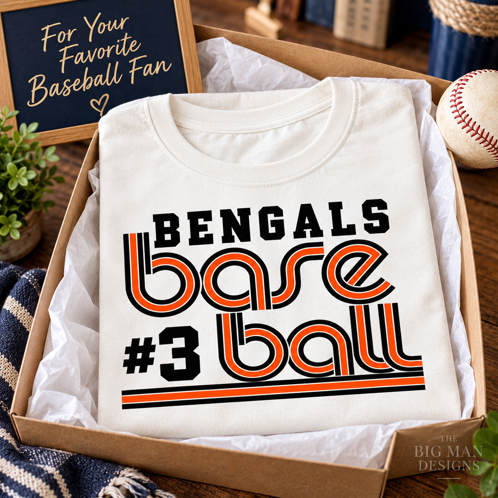Bengals #3 retro baseball: Shirt styled in gift box. The Big Man Designs.