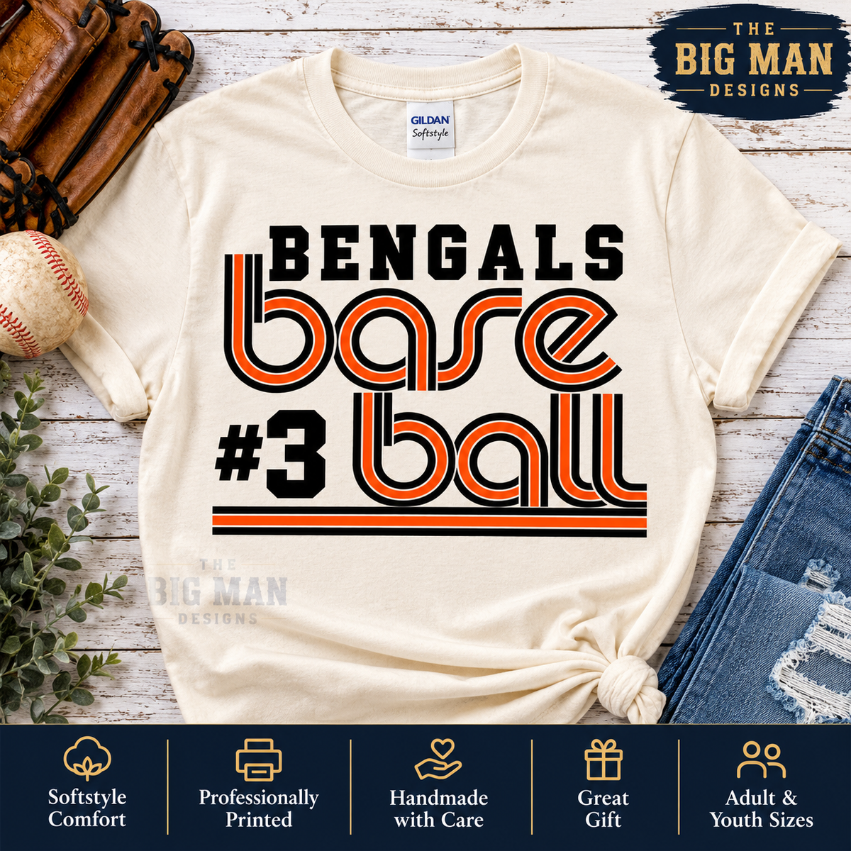 Bengals #3 retro baseball: Natural shirt hero. The Big Man Designs.