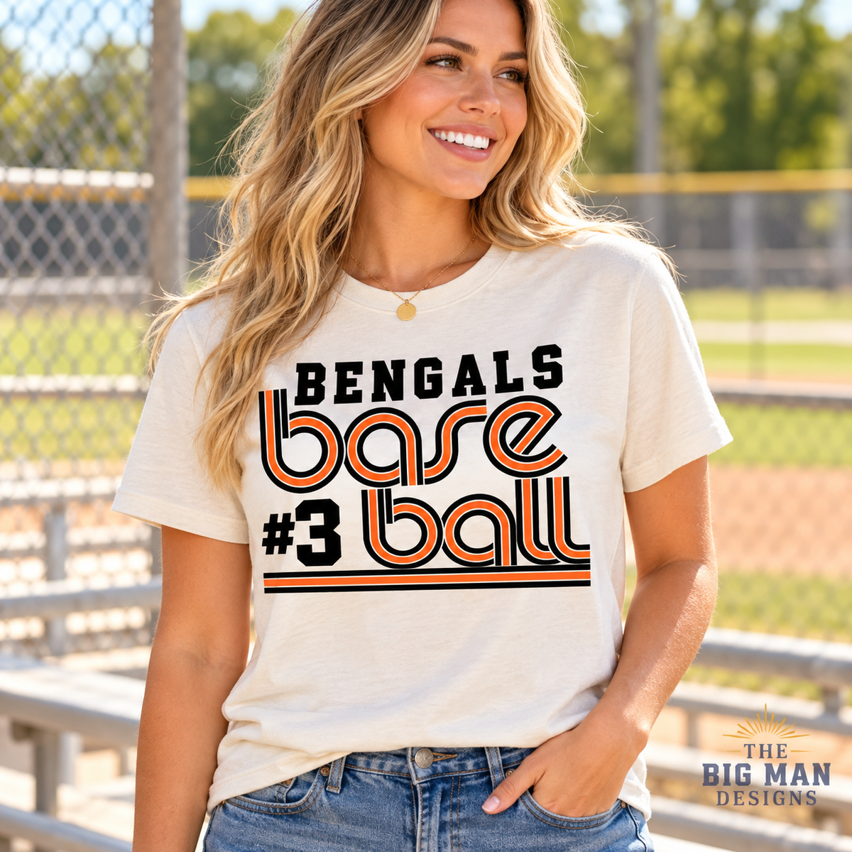 Bengals #3 retro baseball: Woman wearing shirt at baseball park. The Big Man Designs.