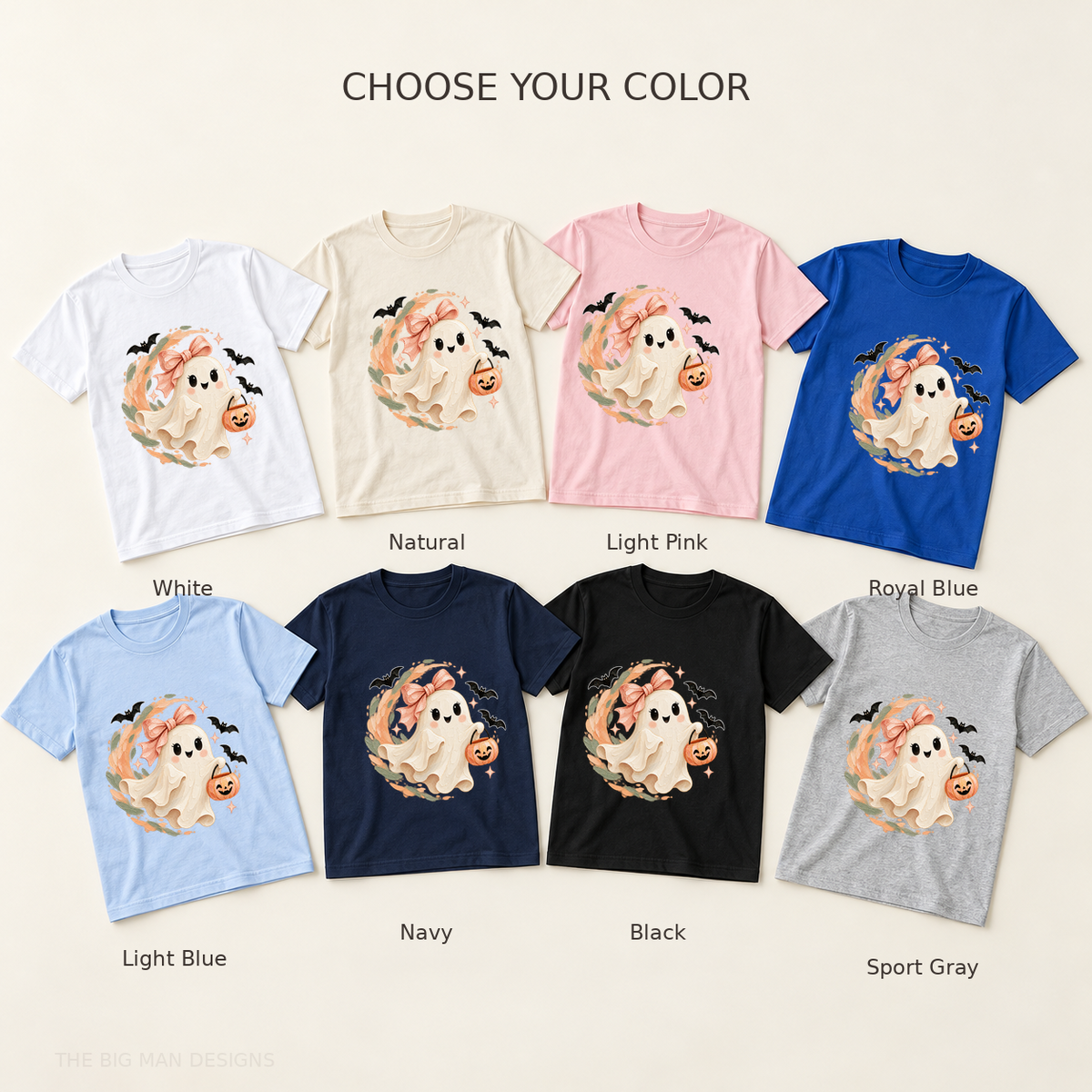Ghost Halloween tee shown in White, Natural, Light Pink, Royal Blue, Light Blue, Navy, Black, and Sport Gray.