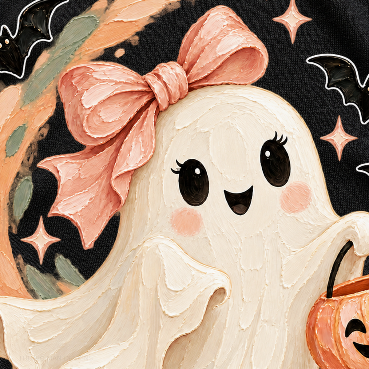 Simulated close-up of the painted-effect ghost and blush bow graphic as a flat DTF print on black fabric.