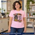 New brunette model wearing the behavior plan coffee shirt with the print centered entirely on the shirt front.