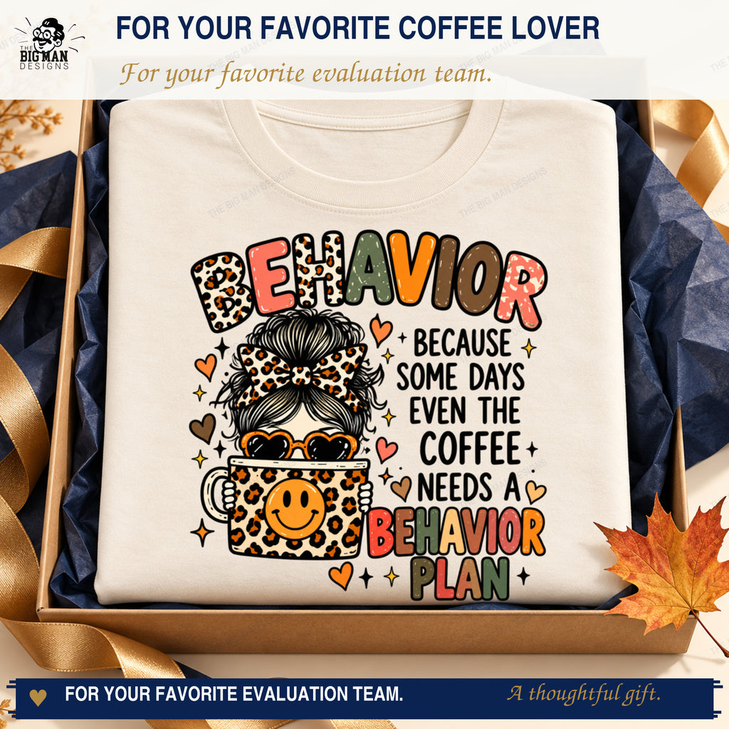 Even the Coffee Needs a Behavior Plan shirt arranged in a navy and gold boutique gift box.