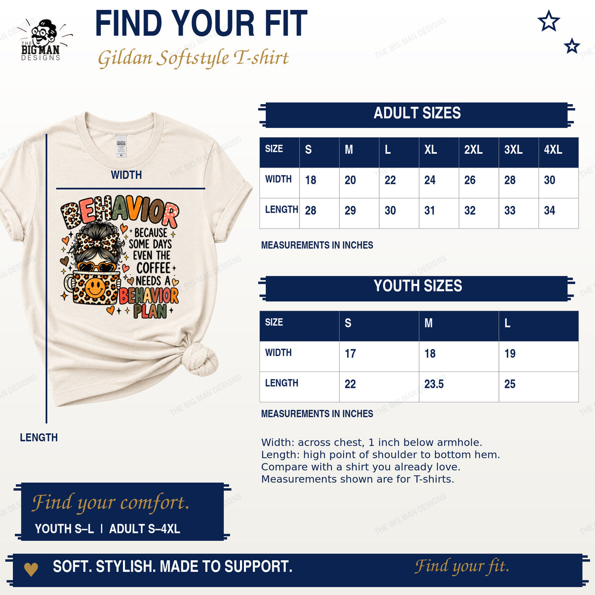 Gildan Softstyle adult and youth T-shirt measurements in inches beside the behavior plan coffee shirt.