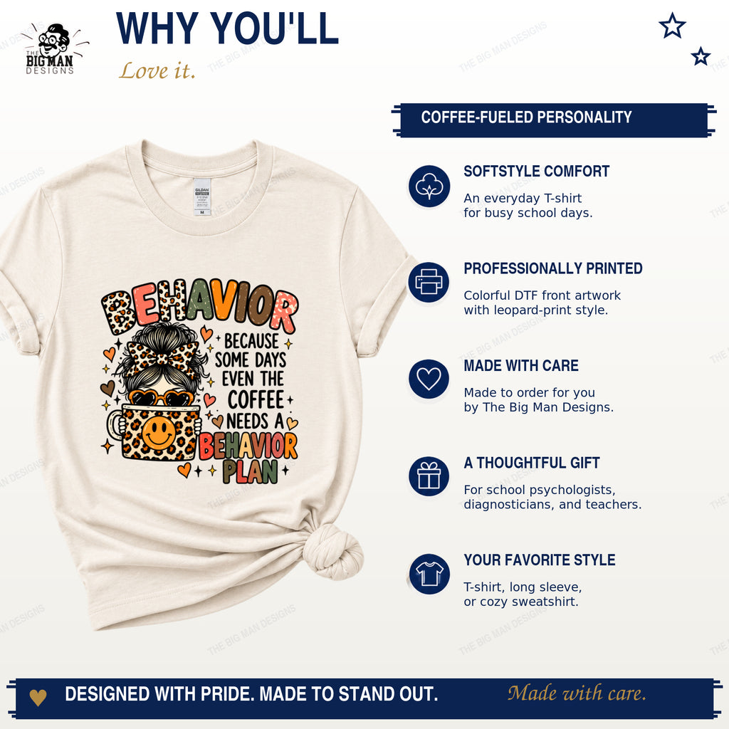 Teacher coffee shirt benefits including Softstyle comfort, professional DTF front printing, and made-to-order production.