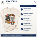 Teacher coffee shirt benefits including Softstyle comfort, professional DTF front printing, and made-to-order production.