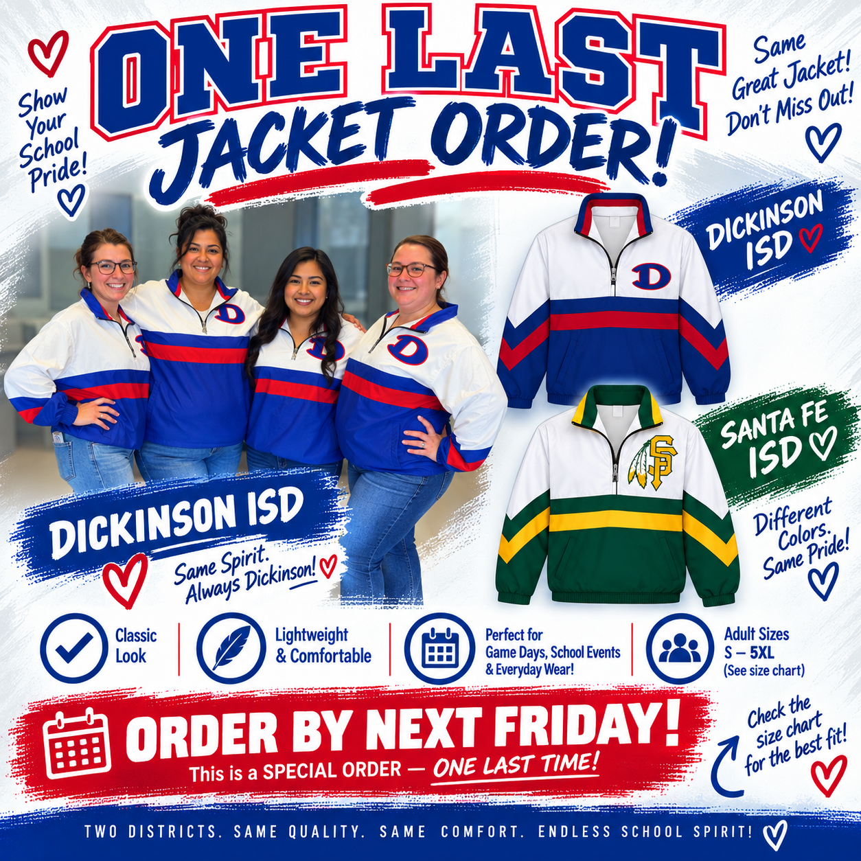School Spirit Pullover Jacket | Dickinson, Santa Fe, Friendswood & Clear Falls | S-5XL