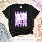 Black Dance Mom Eleanor T-shirt with purple stripes, white lettering, bow and ballet shoes