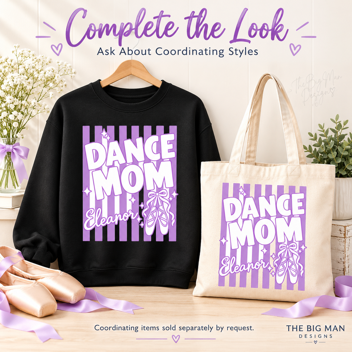 Coordinating Dance Mom Eleanor sweatshirt and natural tote mockups, available by request separately