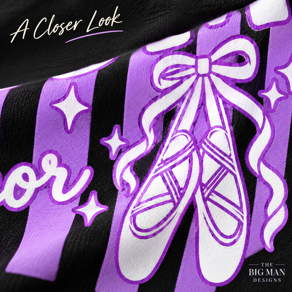 Close-up mockup of the purple and white ballet shoe print on black shirt fabric