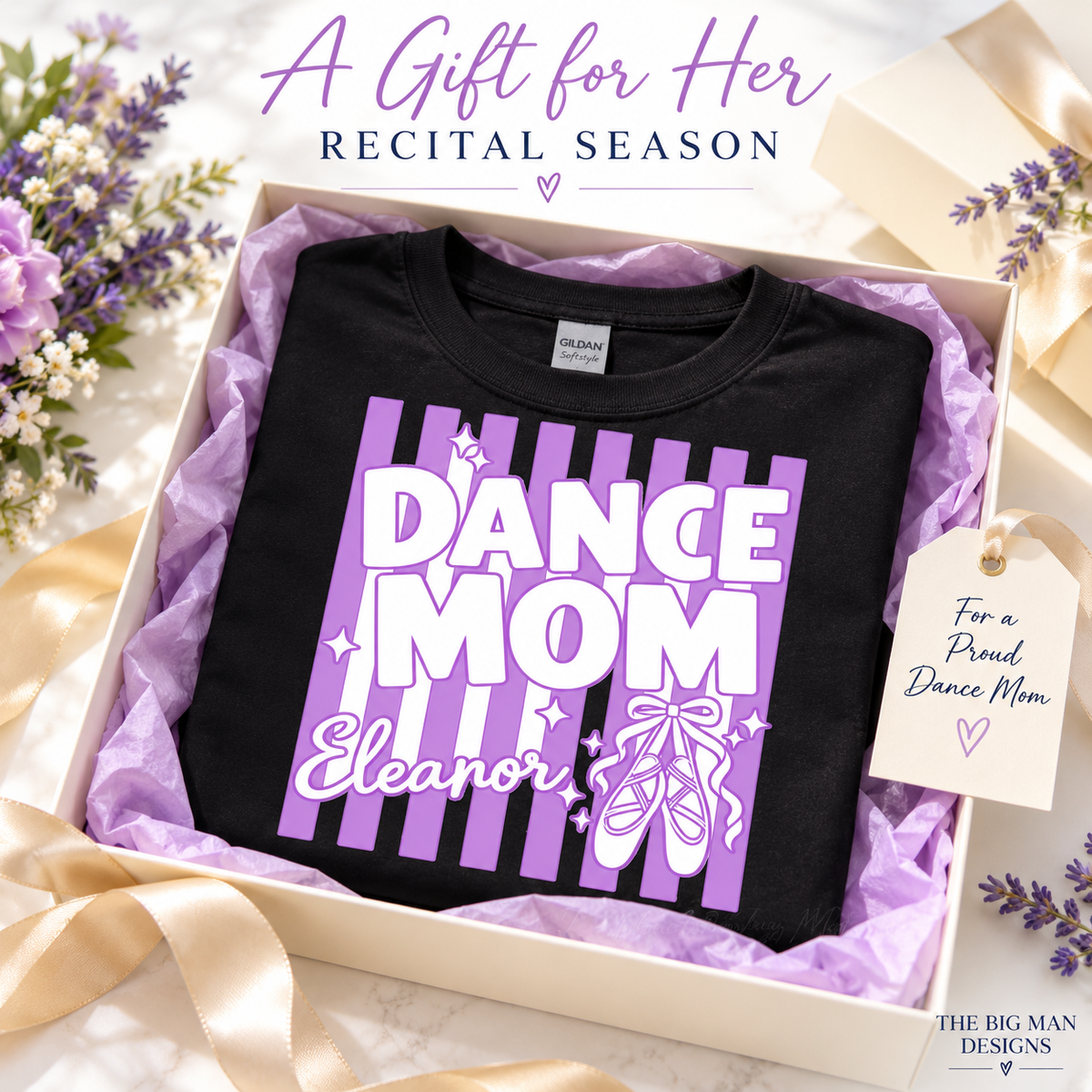 Dance Mom Eleanor shirt styled as a recital-season gift in an ivory box with lavender tissue