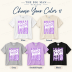 Dance Mom Eleanor shirt color options: White, Natural, Gray, Orchid Purple and Black