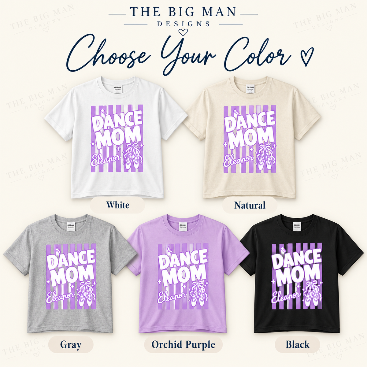 Dance Mom Eleanor shirt color options: White, Natural, Gray, Orchid Purple and Black