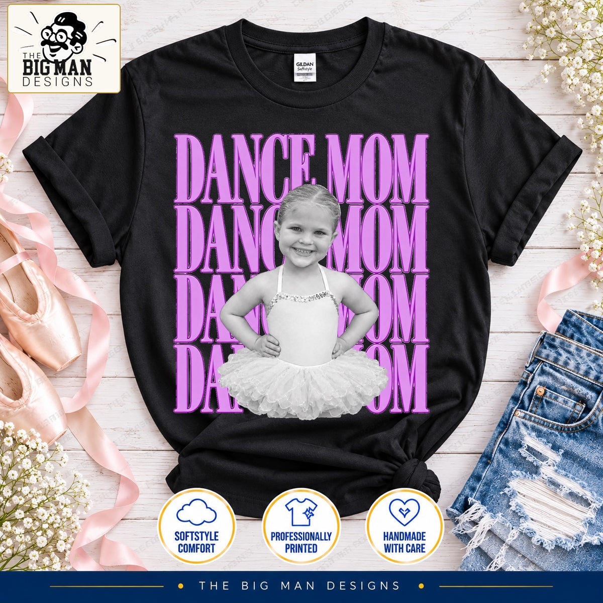 Black Dance Mom photo shirt with the original ballerina photograph and four rows of purple lettering