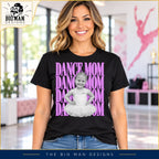 Mother wearing a black Dance Mom photo shirt in a dance studio lobby
