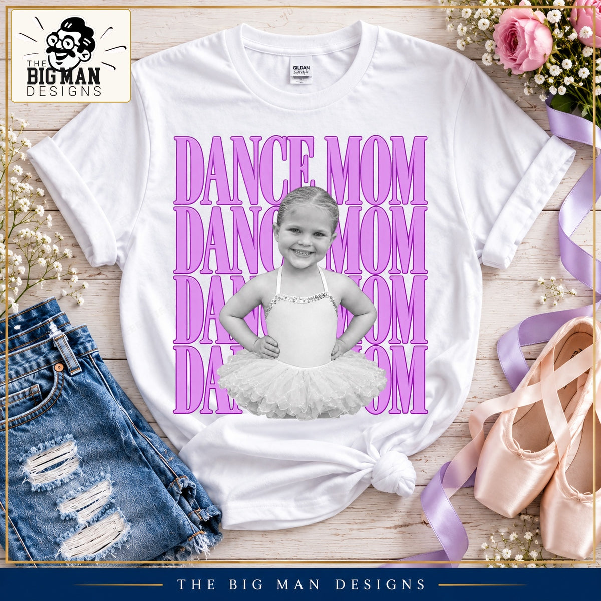 White Dance Mom photo T-shirt flat lay with ballet slippers, lavender ribbon and denim