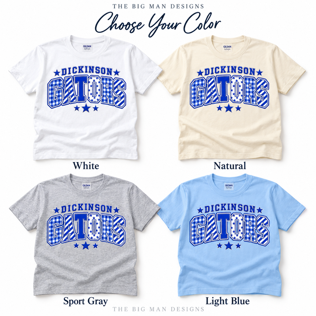 Dickinson Gators patchwork varsity shirt mockups in White, Natural, Sport Gray and Light Blue.