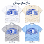 Dickinson Gators patchwork varsity shirt mockups in White, Natural, Sport Gray and Light Blue.